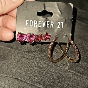 Forever 21 Juniors Pierced Gold Pink Heart Rhinestone Star Studs Hoops Earrings